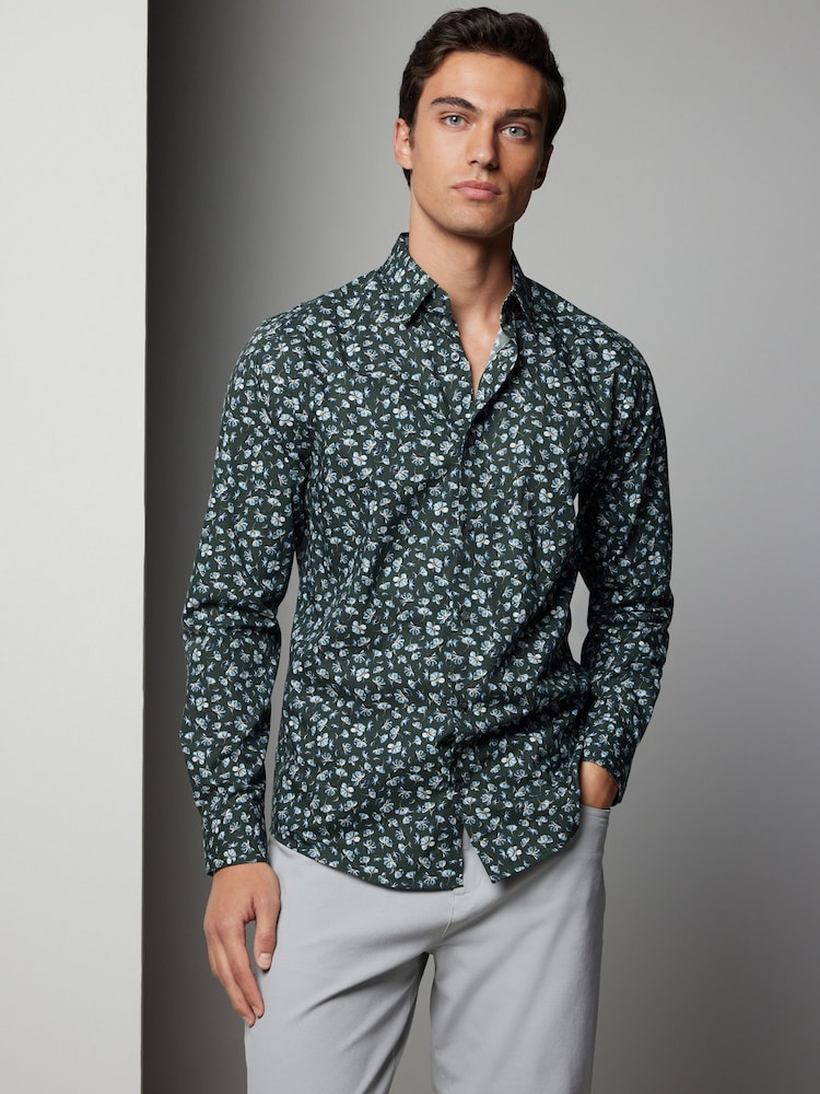 Green Floral Print Regular Fit 100% Cotton Long Sleeves Single Cuff Formal Shirt - Image 1 of 7