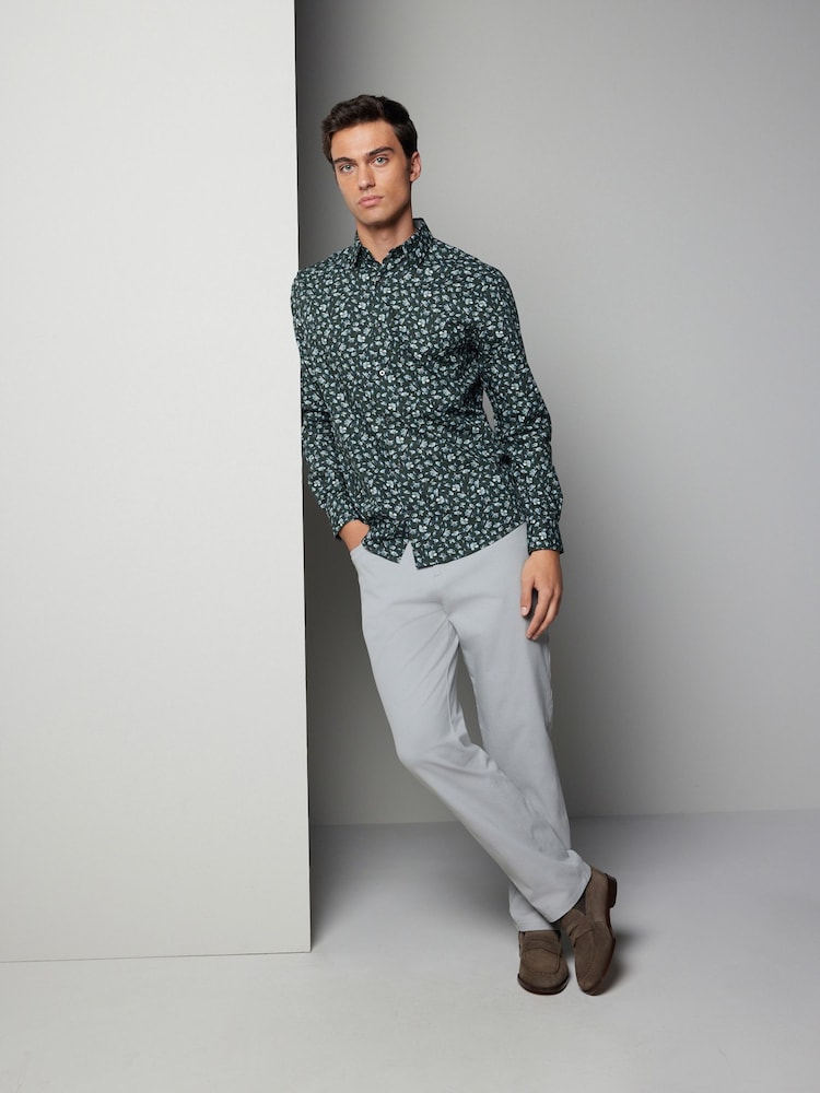 Green Floral Print Regular Fit 100% Cotton Long Sleeves Single Cuff Formal Shirt - Image 2 of 7