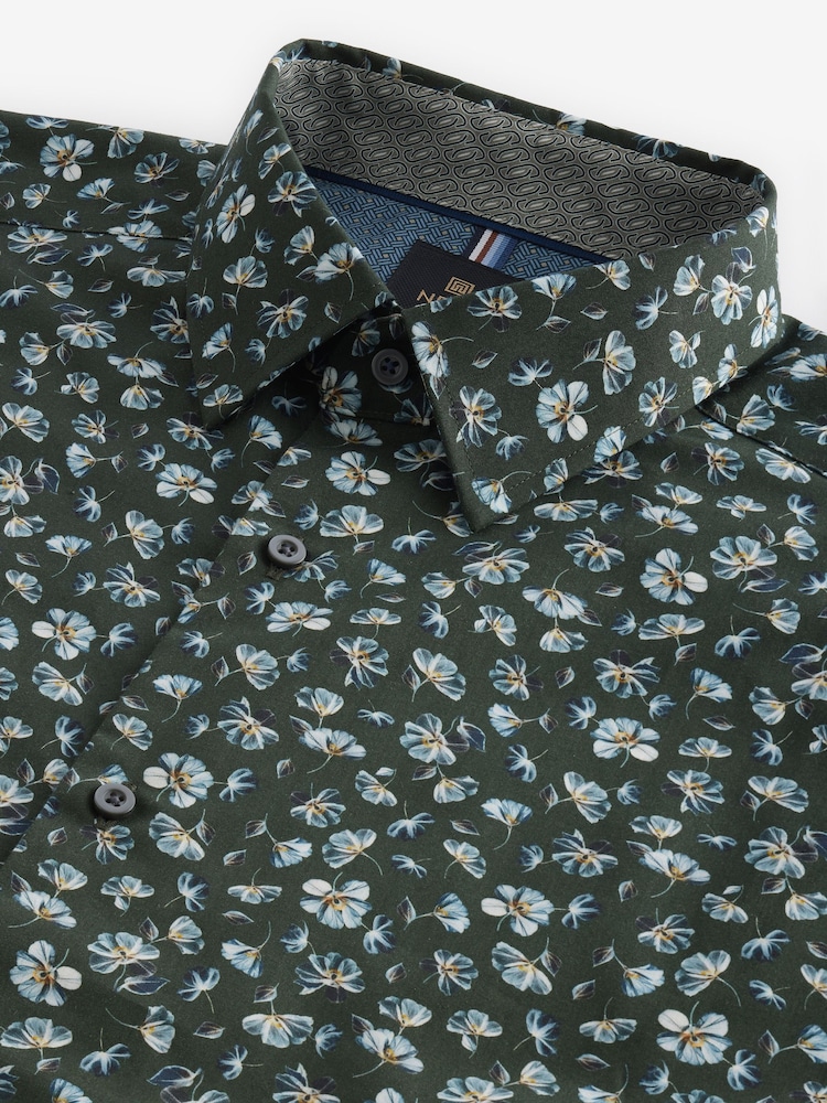 Green Floral Print Regular Fit 100% Cotton Long Sleeves Single Cuff Formal Shirt - Image 7 of 7