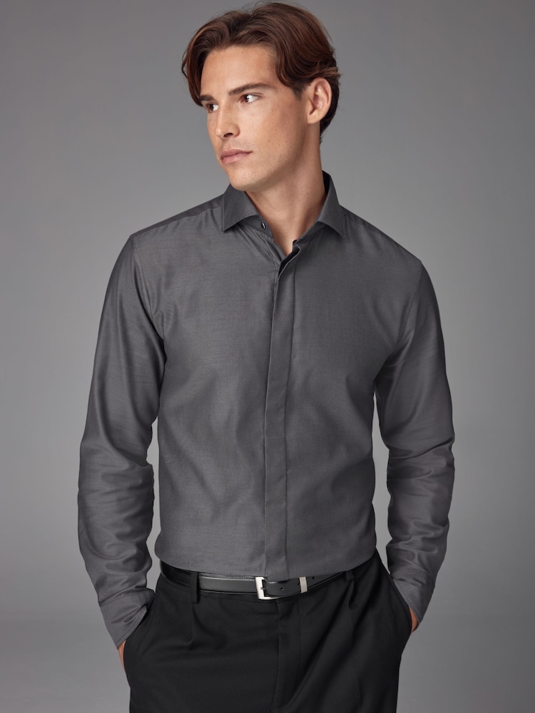 Charcoal Grey Regular Fit 100% Cotton Twill Long Sleeve Single Cuff Shirt - Image 1 of 8