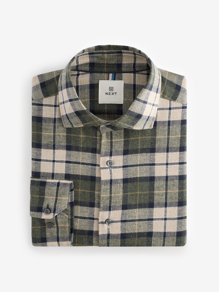Green Check Brushed 100% Cotton Flannel Shirt - Image 5 of 7