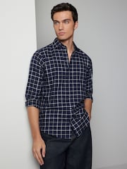 Navy Blue Tattersall Brushed 100% Cotton Flannel Shirt - Image 1 of 8