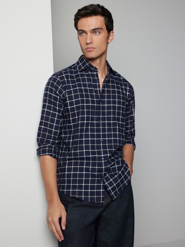 Navy Blue Tattersall Brushed 100% Cotton Flannel Shirt - Image 1 of 8