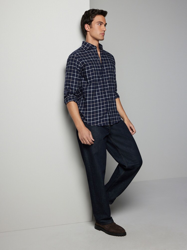 Navy Blue Tattersall Brushed 100% Cotton Flannel Shirt - Image 2 of 8