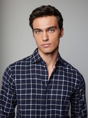 Navy Blue Tattersall Brushed 100% Cotton Flannel Shirt - Image 4 of 8
