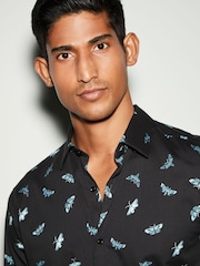 Black Moth Print Regular Fit 100% Cotton Long Sleeves Single Cuff Formal Shirt - Image 1 of 7