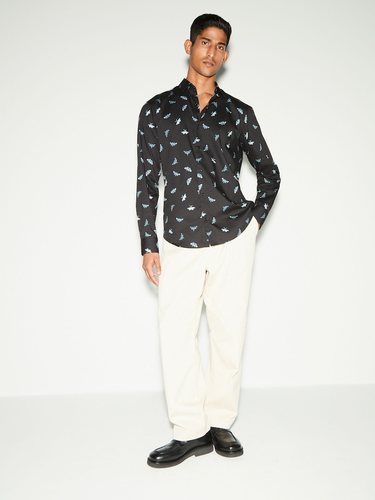 Black Moth Print Regular Fit 100% Cotton Long Sleeves Single Cuff Formal Shirt - Image 2 of 7