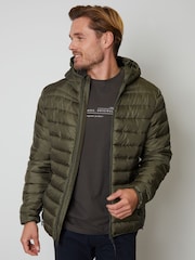 Threadbare Khaki Matte Finish Padded Showerproof Hooded Jacket - Image 1 of 4