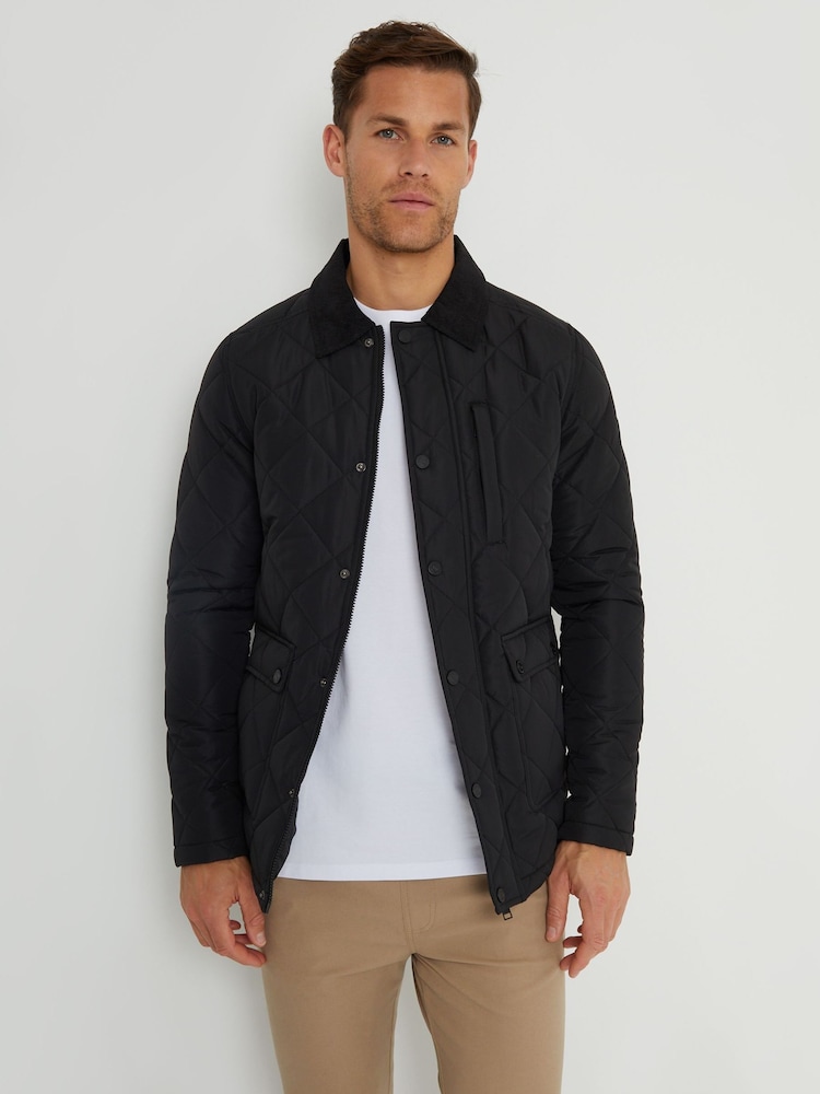 Threadbare Black Showerproof Diamond Quilted Waterproof Collared Jacket - Image 1 of 4