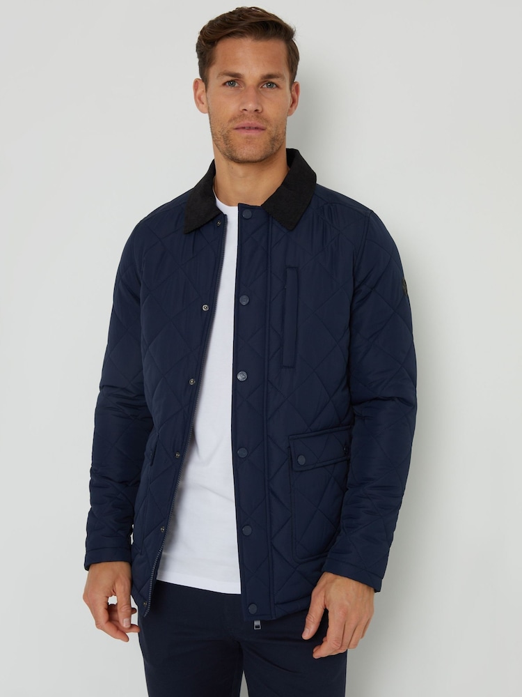 Threadbare Navy Showerproof Diamond Quilted Waterproof Collared Jacket - Image 1 of 4