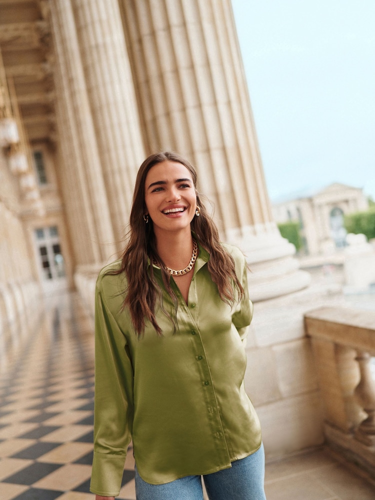 Olive Green Long Sleeve Satin Shirt - Image 1 of 6