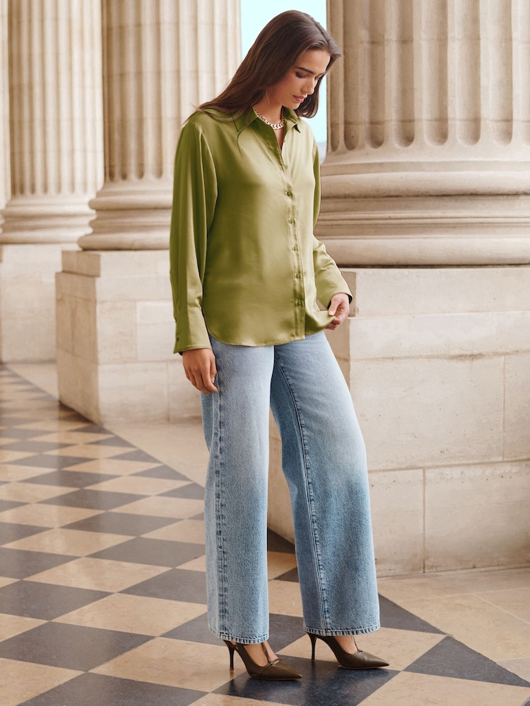 Olive Green Long Sleeve Satin Shirt - Image 2 of 6