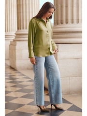 Olive Green Long Sleeve Satin Shirt - Image 3 of 6