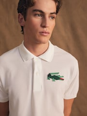 Lacoste Cream Embroidered Large Croc 100% Cotton Polo Shirt - Image 4 of 6