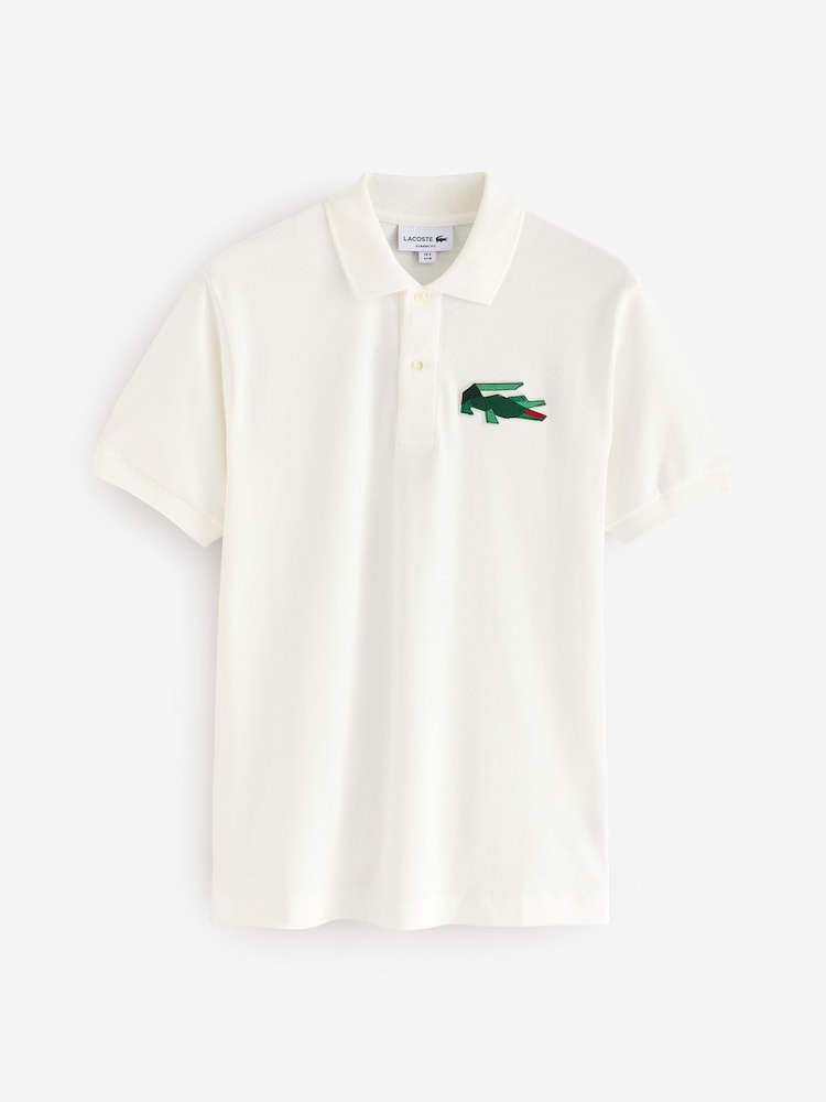 Lacoste Cream Embroidered Large Croc 100% Cotton Polo Shirt - Image 6 of 6