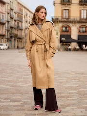 Camel Natural Belted Trench Hooded Double Breasted Coat - Image 2 of 8