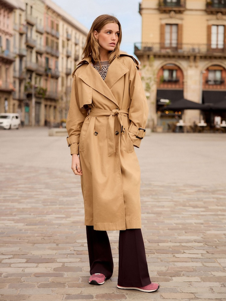 Camel Natural Belted Trench Hooded Double Breasted Coat - Image 2 of 8