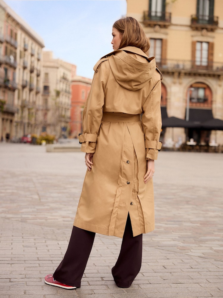 Buy Camel Natural Belted Trench Hooded Double Breasted Coat from
