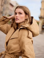Camel Natural Belted Trench Hooded Double Breasted Coat - Image 4 of 8
