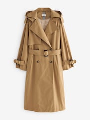Camel Natural Belted Trench Hooded Double Breasted Coat - Image 5 of 8