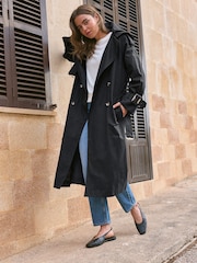 Black Belted Trench Hooded Double Breasted Coat - Image 1 of 7
