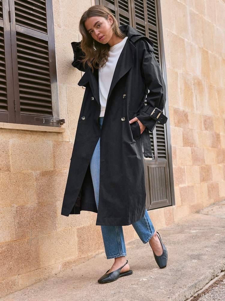 Black Belted Trench Hooded Double Breasted Coat - Image 1 of 7