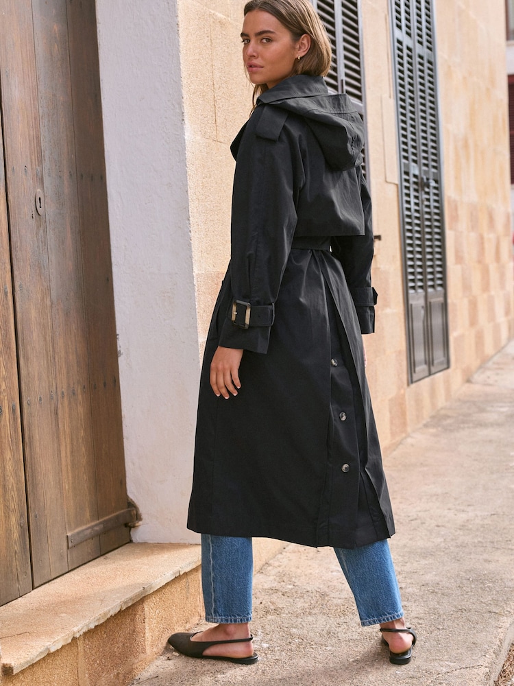 Black Belted Trench Hooded Double Breasted Coat - Image 3 of 7