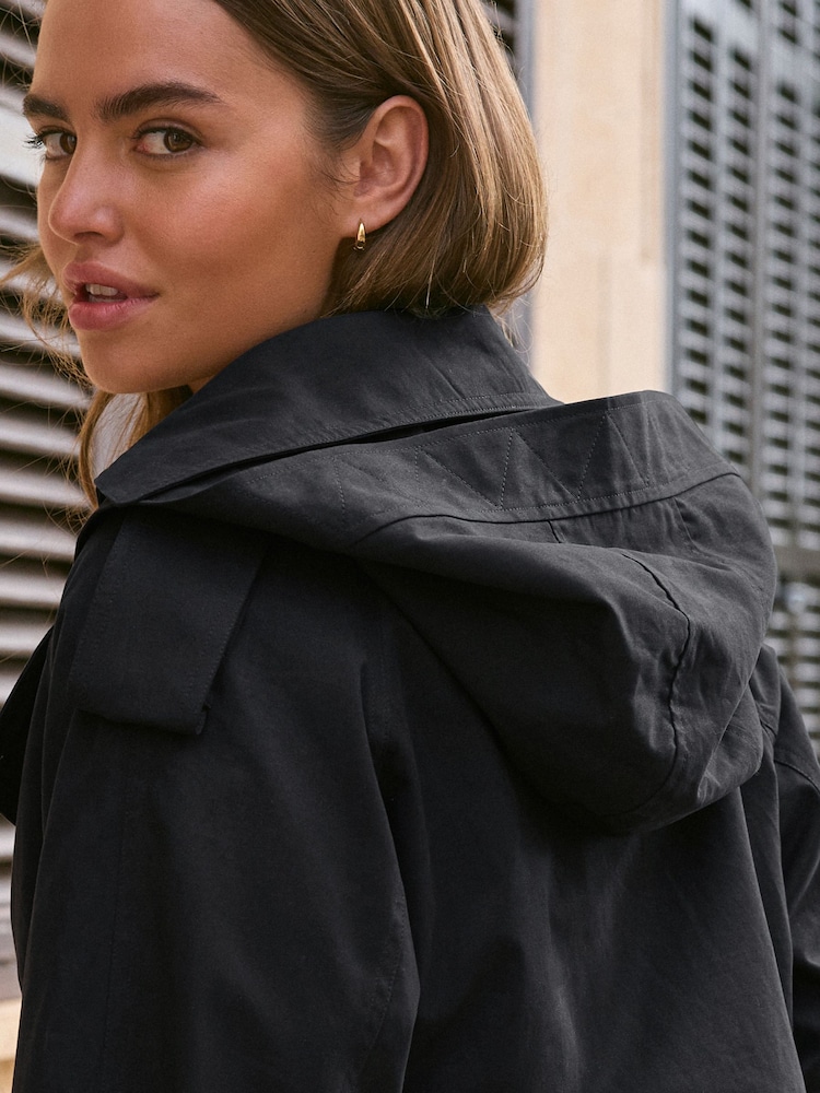 Black Belted Trench Hooded Double Breasted Coat - Image 5 of 7