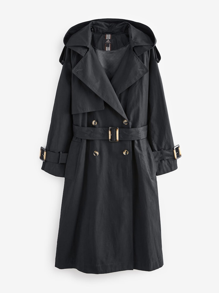 Black Belted Trench Hooded Double Breasted Coat - Image 6 of 7