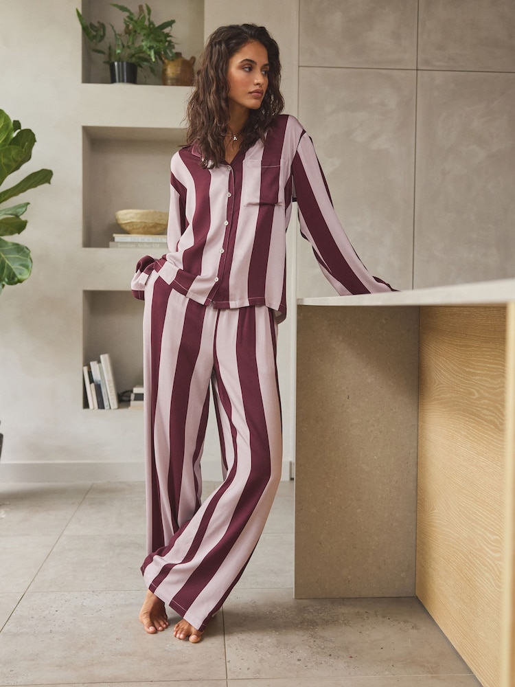 Berry Red Stripe Button Through Pyjamas - Image 2 of 11 Berry Red Stripe Button Through Pyjamas - Image 2 of 11