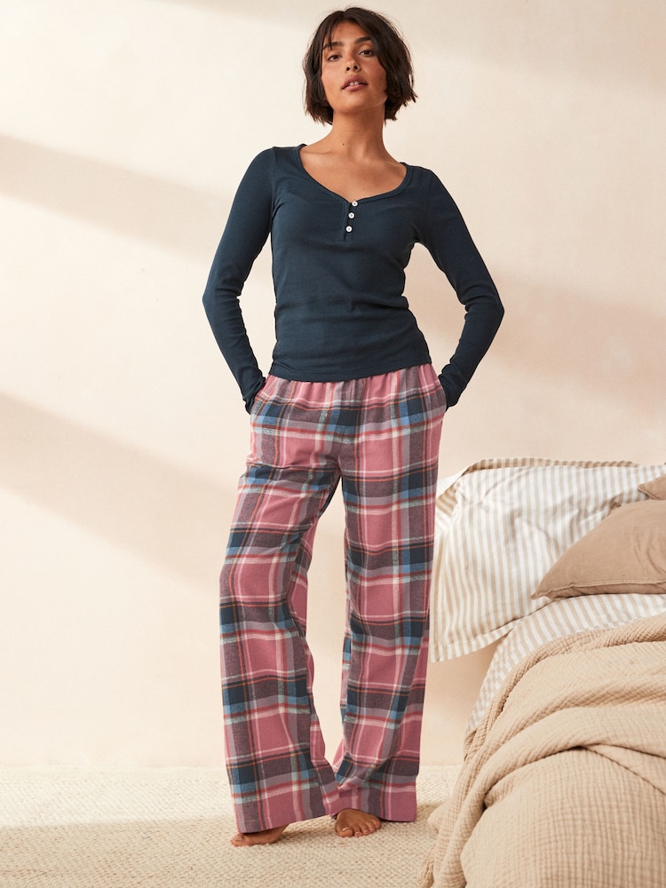 Navy/Pink Check Ribbed Long Sleeve Pyjamas - Image 1 of 8 Navy/Pink Check Ribbed Long Sleeve Pyjamas - Image 1 of 8
