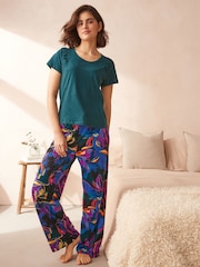 Green Floral Ruched Sleeve 100% Cotton Pyjamas - Image 1 of 10