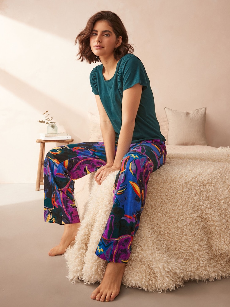 Green Floral Ruched Sleeve 100% Cotton Pyjamas - Image 2 of 10