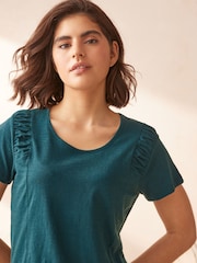 Green Floral Ruched Sleeve 100% Cotton Pyjamas - Image 4 of 10