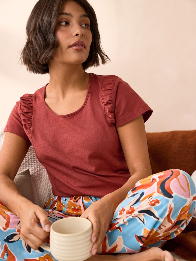 Blue Floral Ruched Sleeve 100% Cotton Pyjamas - Image 1 of 9