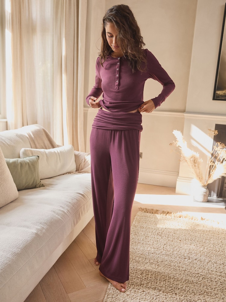 Burgundy Red Ribbed Long Sleeve Pyjamas - Image 1 of 6
