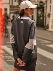 Charcoal Black and Nude Contrast Stripe 100% Cotton Long Sleeve Mini Rugby Shirt Dress - Image 3 of 7