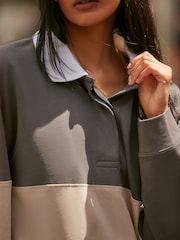 Charcoal Black and Nude Contrast Stripe 100% Cotton Long Sleeve Mini Rugby Shirt Dress - Image 5 of 7