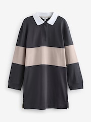 Charcoal Black and Nude Contrast Stripe 100% Cotton Long Sleeve Mini Rugby Shirt Dress - Image 6 of 7