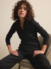 Black Long Sleeve Collared Zip Top - Image 1 of 3