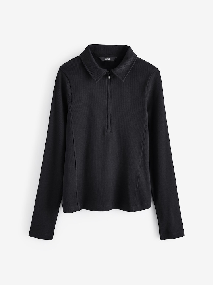 Black Long Sleeve Collared Zip Top - Image 2 of 3