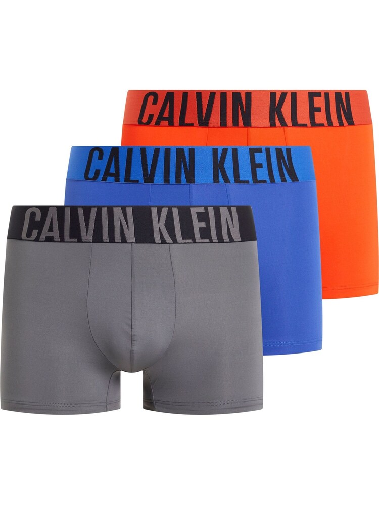 Calvin Klein Orange/Blue/Grey Large Logo Band Trunk Boxers 3 Pack - Image 1 of 3 Calvin Klein Orange/Blue/Grey Large Logo Band Trunk Boxers 3 Pack - Image 1 of 3