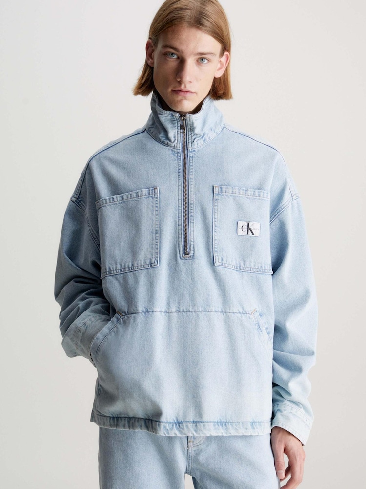 Calvin Klein Blue Denim Quarter Zip Pullover Jacket - Image 1 of 5 Calvin Klein Blue Denim Quarter Zip Pullover Jacket - Image 1 of 5
