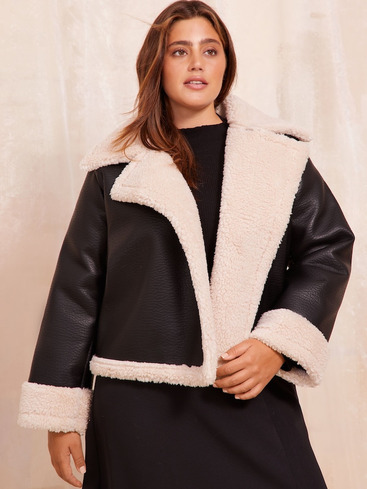 Friends Like These Black Curve Contrast Wrap Faux Fur Aviator Style Coat - Image 1 of 4