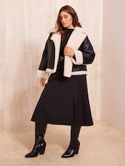 Friends Like These Black Curve Contrast Wrap Faux Fur Aviator Style Coat - Image 2 of 4