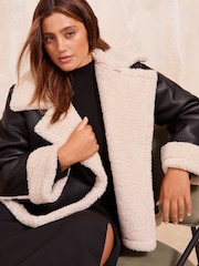 Friends Like These Black Curve Contrast Wrap Faux Fur Aviator Style Coat - Image 3 of 4