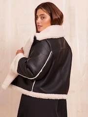 Friends Like These Black Curve Contrast Wrap Faux Fur Aviator Style Coat - Image 4 of 4