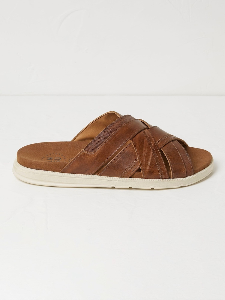 FatFace Hinton Brown Leather Sliders - Image 1 of 3