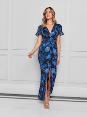 Sistaglam Black Maxi Floral Angel Sleeve Chiffon Dress With High Split - Image 2 of 4