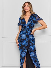 Sistaglam Black Maxi Floral Angel Sleeve Chiffon Dress With High Split - Image 3 of 4